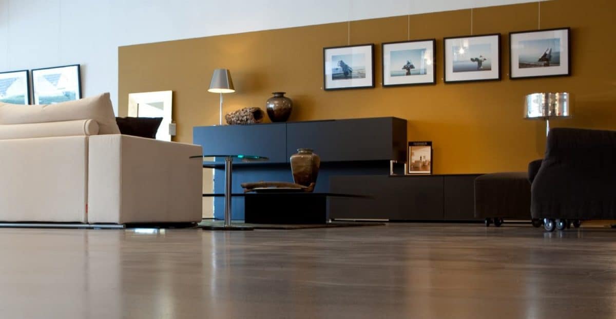 polished concrete floors complete a modern interior design livingroom